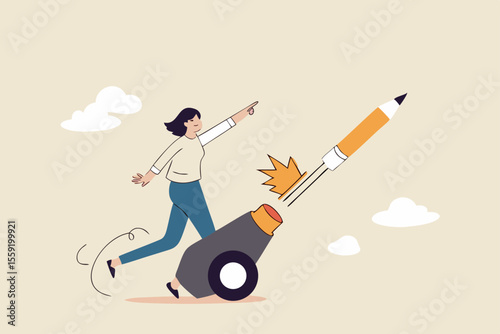 Launch new creativity idea, boost inspiration and challenge, start writing blog, storytelling or create brand concept, motivated creative woman launch new idea by shooting pencil cannon into the sky.