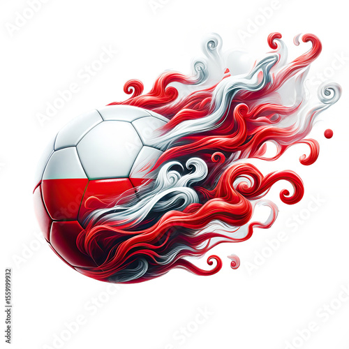 Illustration Soccer ball Poland Smoke Flag Europe country red white brush paint watercolor drawn stroke texture isolated background
