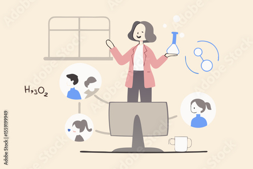 Online learning in quarantine, remote school or study from home, virtual teacher teach from remote distance concept, professional teacher explain science lesson to school kids in online classroom.