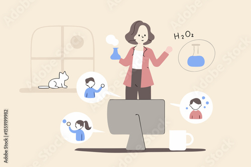 Online learning in quarantine, remote school or study from home, virtual teacher teach from remote distance concept, professional teacher explain science lesson to school kids in online classroom.