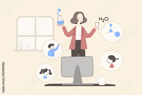 Online learning in quarantine, remote school or study from home, virtual teacher teach from remote distance concept, professional teacher explain science lesson to school kids in online classroom.