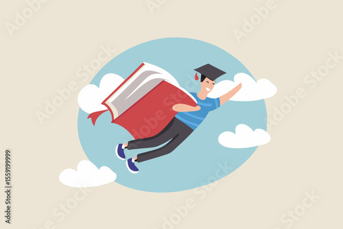 Education or academic on personal development, knowledge to empower career growth and improve business skill concept, success graduated student flying with book wings in the sky aim for bright future.