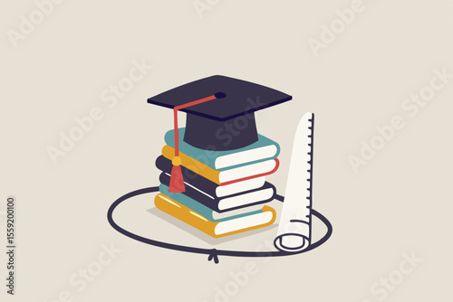 Student loan pitfall, knowledge cost and expense or big debt to pay off for education, high degree ego concept, graduation hat mortar board on book stack being saw to fall down.