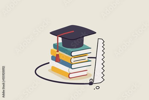 Student loan pitfall, knowledge cost and expense or big debt to pay off for education, high degree ego concept, graduation hat mortar board on book stack being saw to fall down.