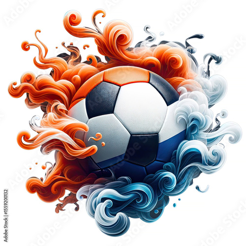 Illustration Soccer ball Netherlands Smoke Flag Europe country red blue white brush paint watercolor drawn stroke texture isolated background