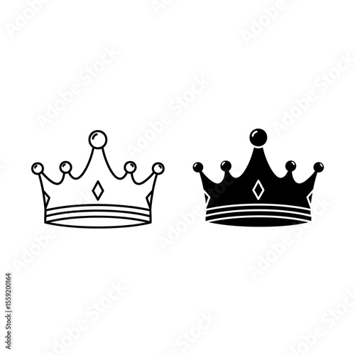 Two crowns one in outline and one in solid black on a white background in a vector illustration