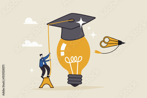 Education or academic help create business idea, skill and knowledge empower creativity concept, smart intelligence business man climb up bright light bulb idea waring mortarboard graduation cap.
