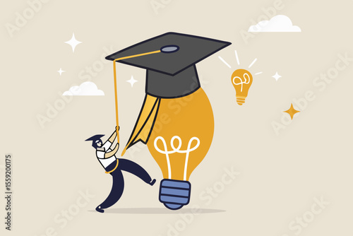 Education or academic help create business idea, skill and knowledge empower creativity concept, smart intelligence business man climb up bright light bulb idea waring mortarboard graduation cap.