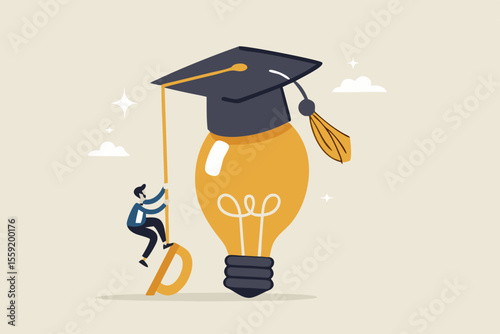 Education or academic help create business idea, skill and knowledge empower creativity concept, smart intelligence business man climb up bright light bulb idea waring mortarboard graduation cap.