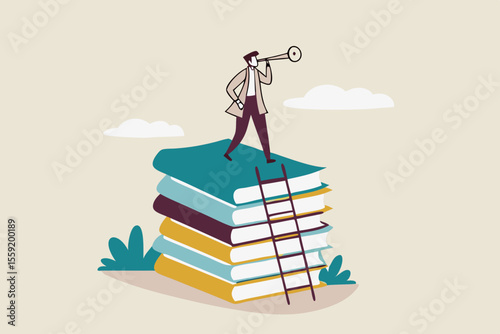 Business skills for career opportunity, knowledge or education for future job, challenge and personal improvement, reading list concept, businessman climb up ladder on books stack for good vision.