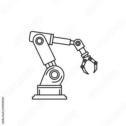 Outline illustration of a robotic arm with a claw on a white background in a simple line drawing style