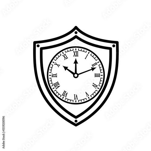 A black and white illustration of a shield with a clock face inside showing the time at ten past two