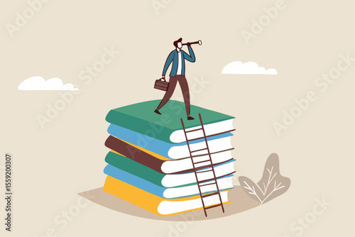 Business skills for career opportunity, knowledge or education for future job, challenge and personal improvement, reading list concept, businessman climb up ladder on books stack for good vision.