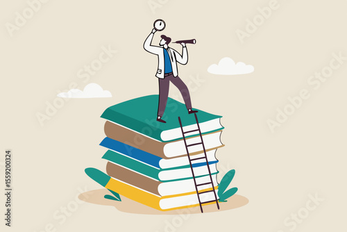 Business skills for career opportunity, knowledge or education for future job, challenge and personal improvement, reading list concept, businessman climb up ladder on books stack for good vision.