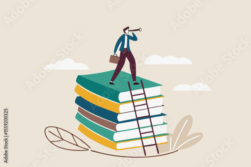 Business skills for career opportunity, knowledge or education for future job, challenge and personal improvement, reading list concept, businessman climb up ladder on books stack for good vision.