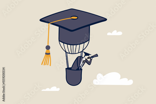 Education or knowledge to growth career path, working skill to success in work, learn or study new course for business success concept, businessman fly graduation mortar hat balloon see future vision.