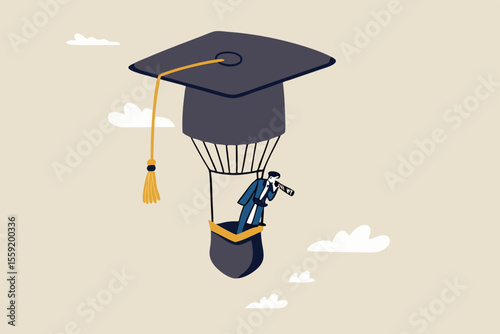 Education or knowledge to growth career path, working skill to success in work, learn or study new course for business success concept, businessman fly graduation mortar hat balloon see future vision.