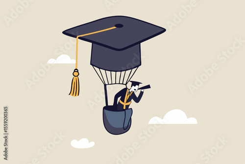 Education or knowledge to growth career path, working skill to success in work, learn or study new course for business success concept, businessman fly graduation mortar hat balloon see future vision.
