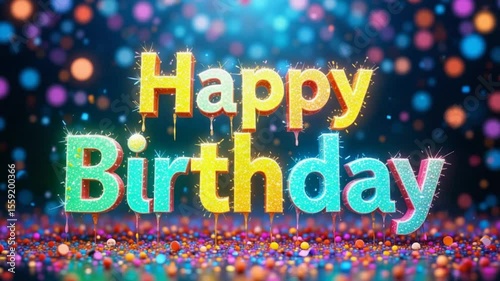 Beautiful and Vibrant 'Happy Birthday' Text Animation with Confetti Background