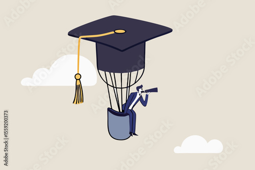 Education or knowledge to growth career path, working skill to success in work, learn or study new course for business success concept, businessman fly graduation mortar hat balloon see future vision.