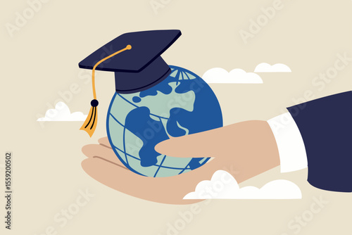 Study abroad world education curriculum, overseas school, college and university or international academic concept, success graduated student holding globe shape wearing academic mortarboard hat.