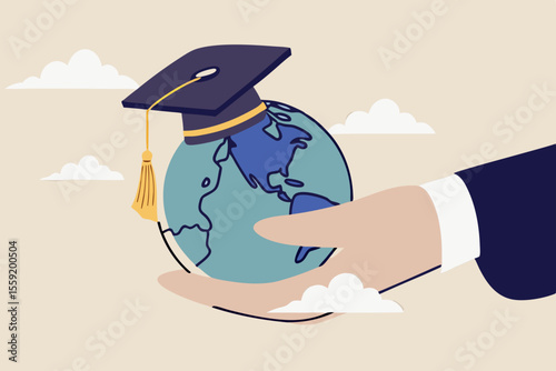 Study abroad world education curriculum, overseas school, college and university or international academic concept, success graduated student holding globe shape wearing academic mortarboard hat.