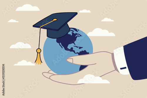 Study abroad world education curriculum, overseas school, college and university or international academic concept, success graduated student holding globe shape wearing academic mortarboard hat.