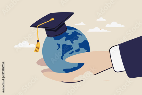Study abroad world education curriculum, overseas school, college and university or international academic concept, success graduated student holding globe shape wearing academic mortarboard hat.