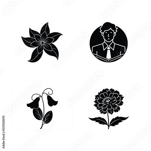 silhouette collection of floral and figure icons isolated on white background