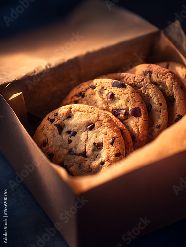 Chocolate chip cookies in a brown box, warm and inviting atmosphere