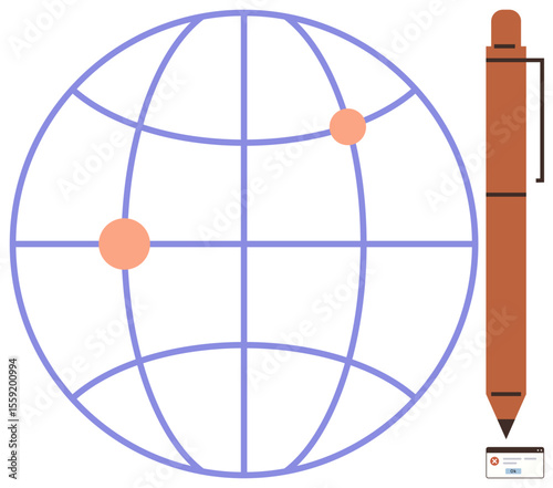 Globe with two nodal points, a pen, and digital interface. Ideal for technology, communication, globalization, education, networking innovation and creative thinking themes. simple flat metaphor