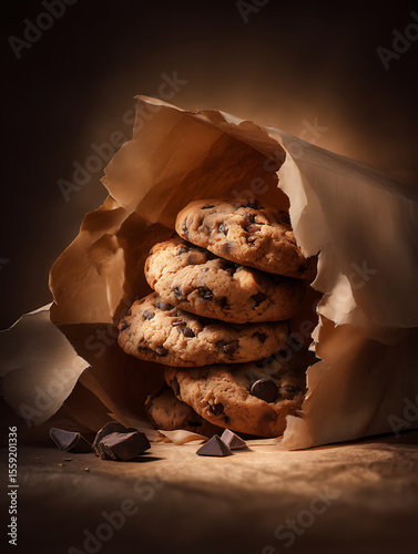 Close-up of A pile of chocolate chip cookies popping out of a brown paper bag