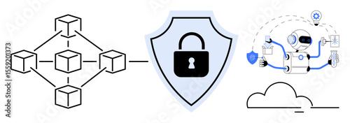 Blockchain nodes connected in a network, security shield with lock icon, AI robot automating tasks, and cloud symbol. Ideal for technology, blockchain, AI, cybersecurity, automation cloud computing