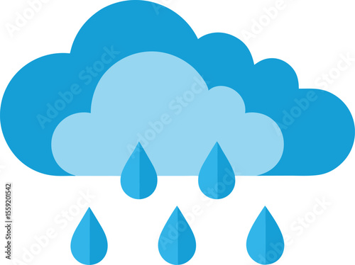 A blue cloud with raindrops falling, isolated on white background
