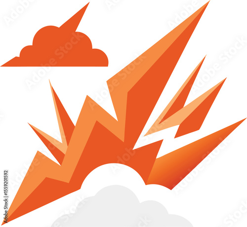 An orange lightning bolt striking from the clouds, isolated on white background
