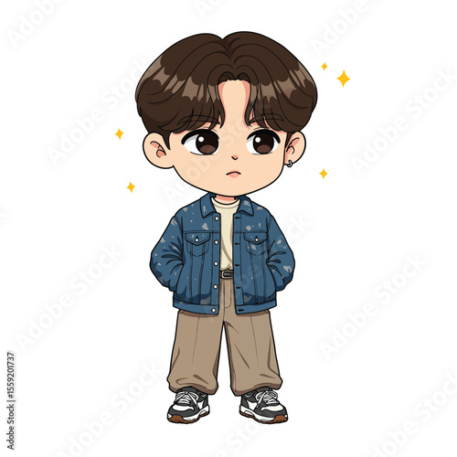 K-Pop Chibi Male Character in Denim Jacket with Sparkles Vector
