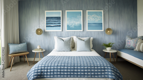Cozy blue-themed bedroom with ocean artwork