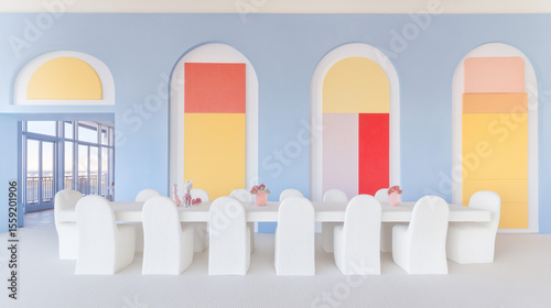 Colorful modern dining room with white chairs