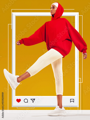 Fashionable woman posing in red hoodie, Instagram frame effect