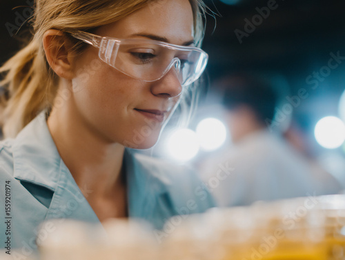 female scientist wearing safety glasses, working in laboratory