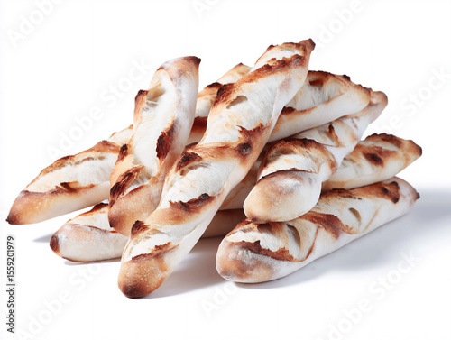 Pile of freshly baked baguettes on white background
