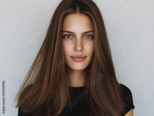 Woman with long straight brown hair, neutral expression, looking at camera