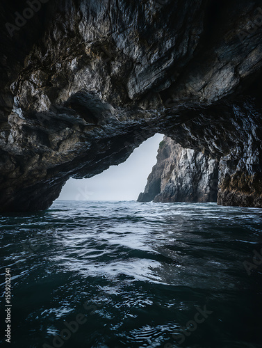 Entrance to a sea cave with a beautiful protruding rock ceiling
