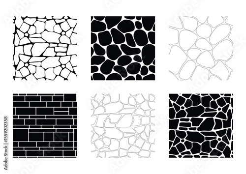 Cobblestone texture. Pavement bricks and pebble vintage decorative graphic. Vector isolated set of granite repeat backdrop structure illustration