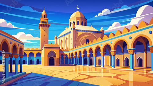 The Great Mosque of Kairouan, Tunisia
An iconic North African mosque with square minaret and ochre-colored walls under a vast blue sky. The open courtyard and horseshoe arches reveal centuries of 