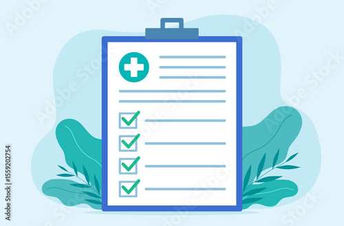 Medical document. Medical checklist. Flat design illustration of Patient test results document. Green checkers. 