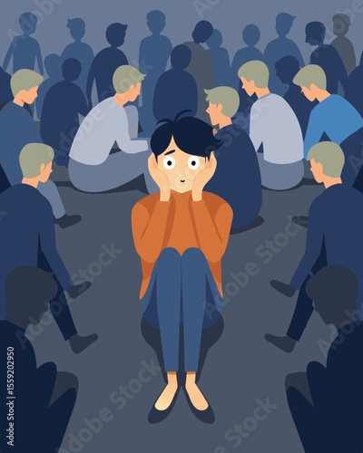 In a crowded room a person sits alone with their head in their hands their silent scream stifled by the noise around them.. Vector illustration