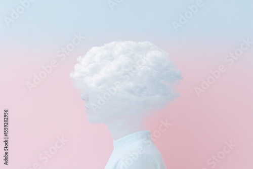 Surreal portrait of a young man with a cloud as a head symbolizing dreams and imagination