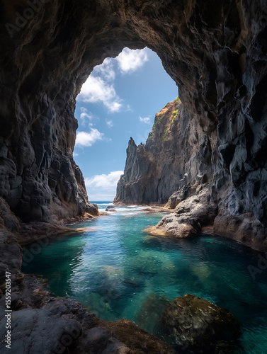 Entrance to a sea cave with steep cliffs and crystal clear blue water