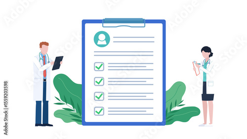 Patient health analysis. Flat design illustration. Doctors standing by the checklist with patient data. Document with test results. Doctor with tablet and doctor with notebook. Test and result. 
